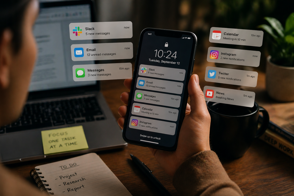 Phone showing multiple app notifications distracting a person and breaking their focus while working