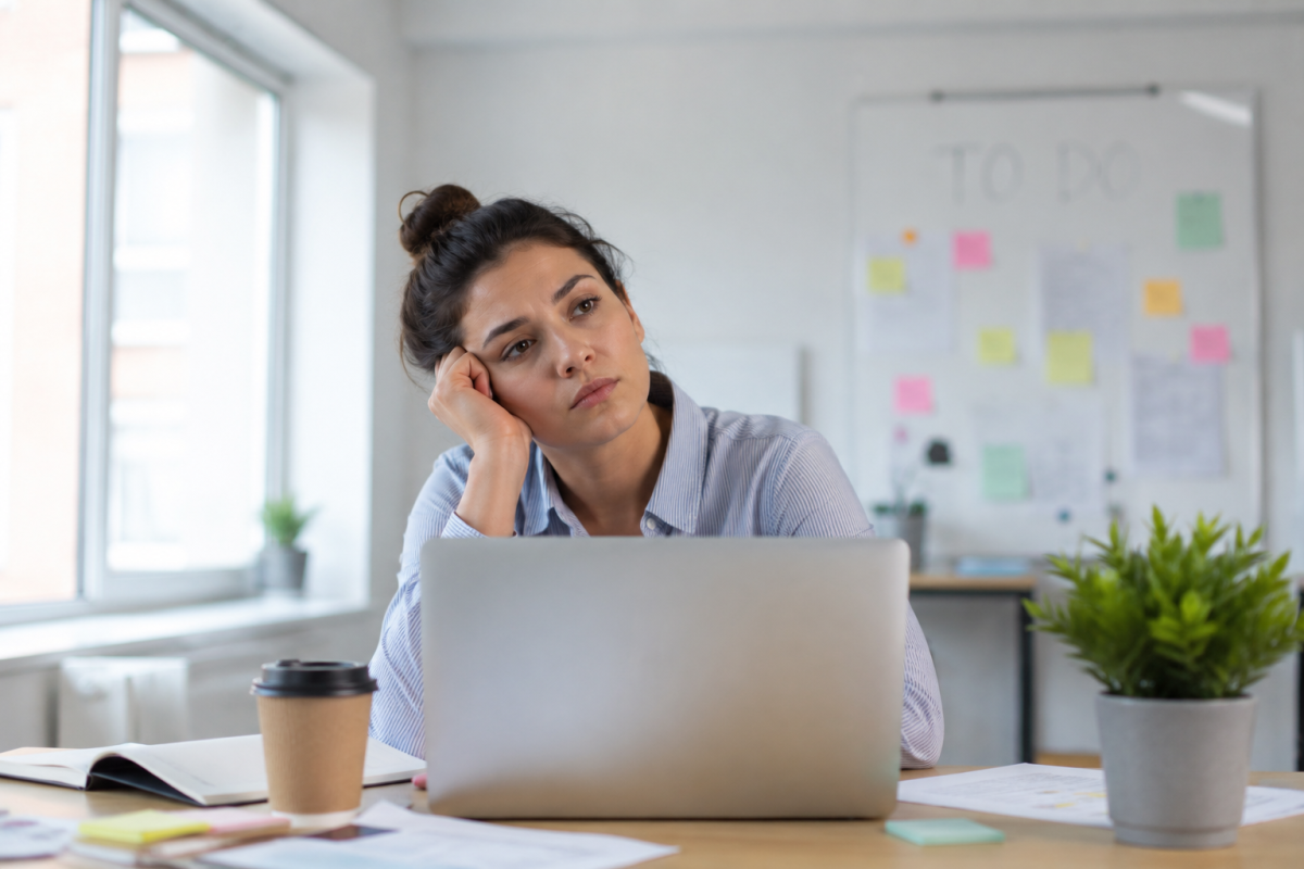 Person experiencing brain fog after poor sleep while trying to focus at work