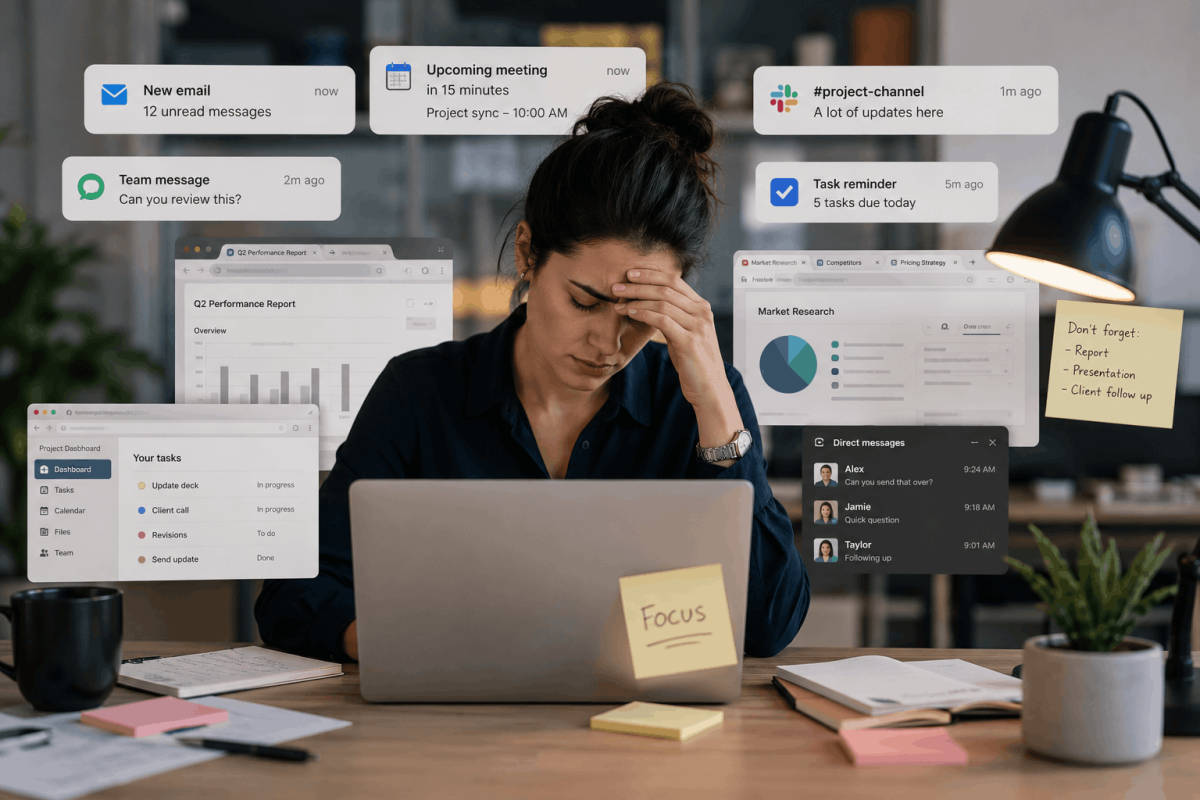 Professional whose brain feels busy while managing multiple tasks and notifications at a computer