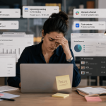 Why Your Brain Feels Busy But Gets Less Done Professional whose brain feels busy while managing multiple tasks and notifications at a computer