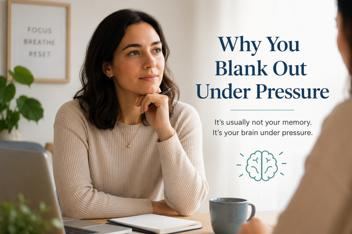 woman thinking clearly after her brain blanks under pressure