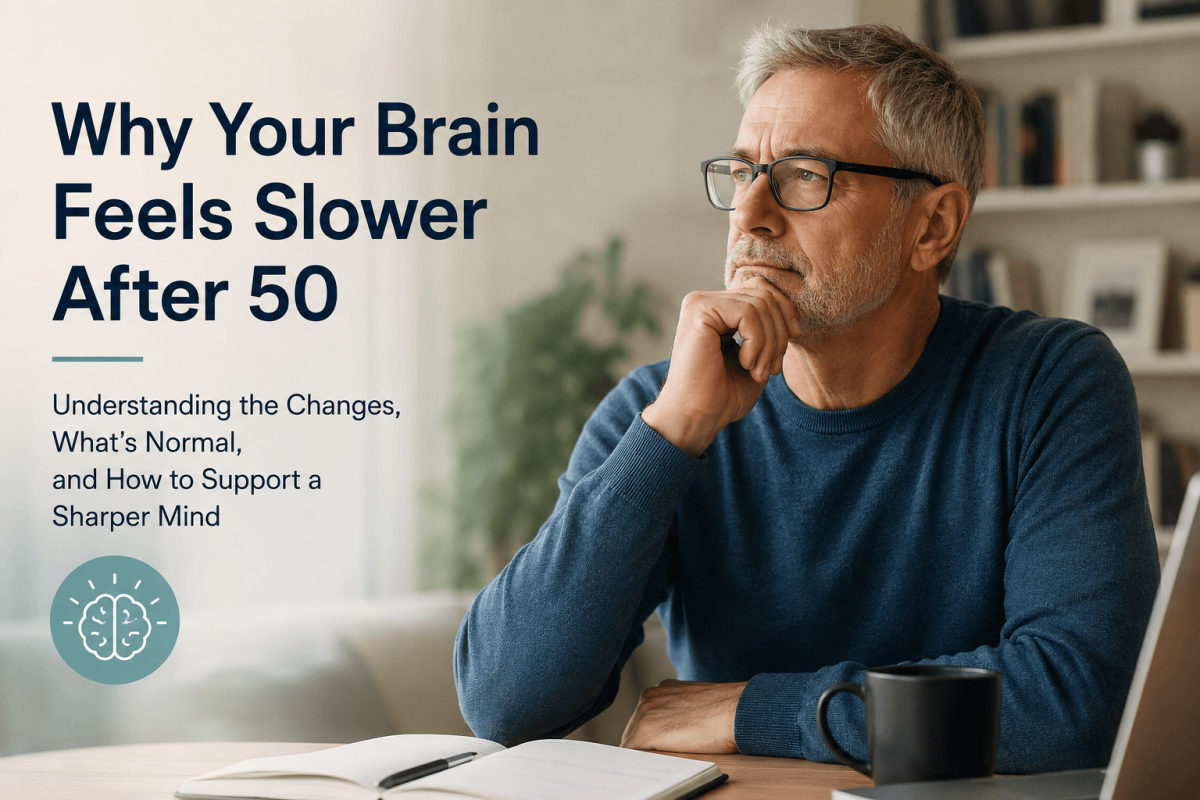 Person thinking clearly at desk, representing why your brain feels slower after 50