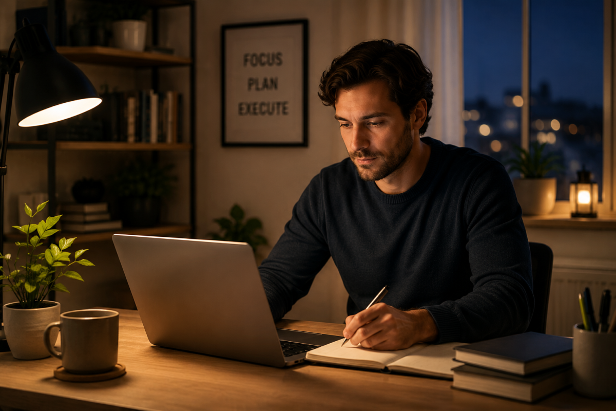 Woman wondering why do I think better at night while working at a quiet desk after dark