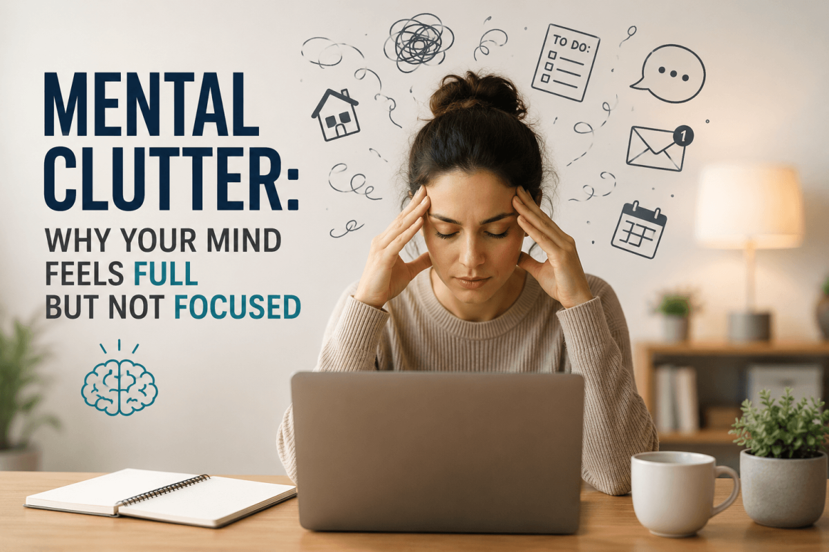 woman sitting at desk with mental clutter and scattered thoughts