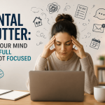 Mental Clutter: Why Your Mind Feels Full But Not Focused woman sitting at desk with mental clutter and scattered thoughts
