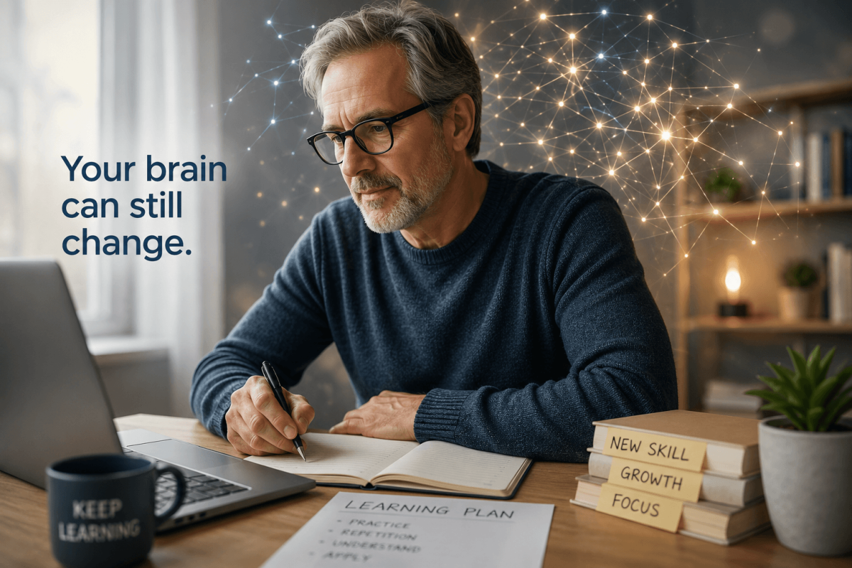 Adult over 50 learning a new skill as the brain builds new neural connections
