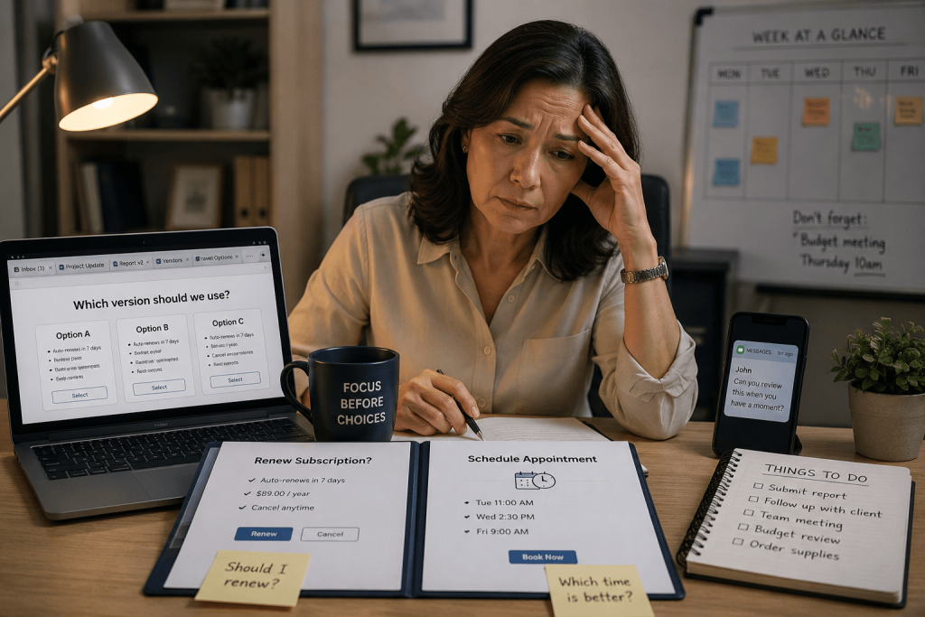 Professional experiencing decision fatigue from cognitive overload