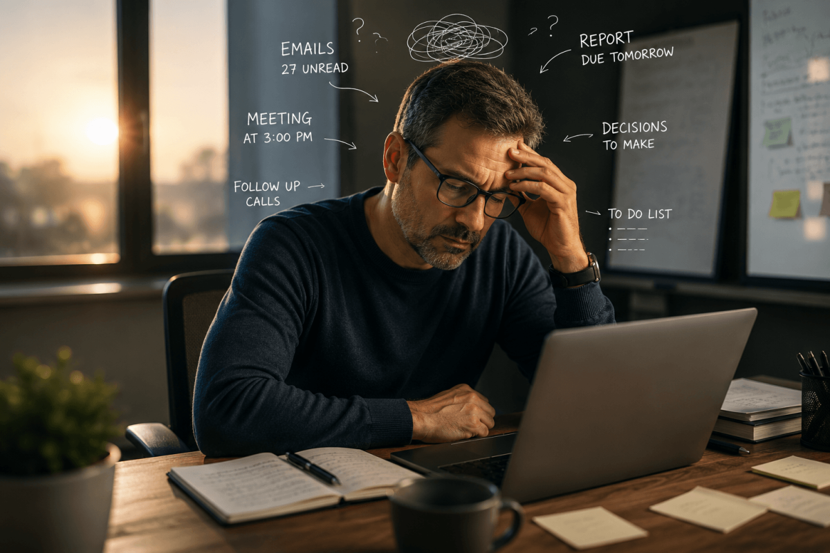 Man experiencing brain fog and mental fatigue while working