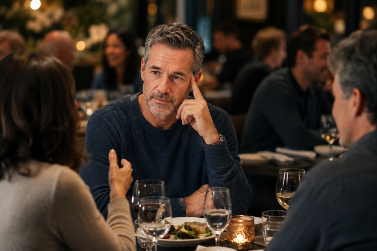 Person trying to follow conversations in a noisy room after 50
