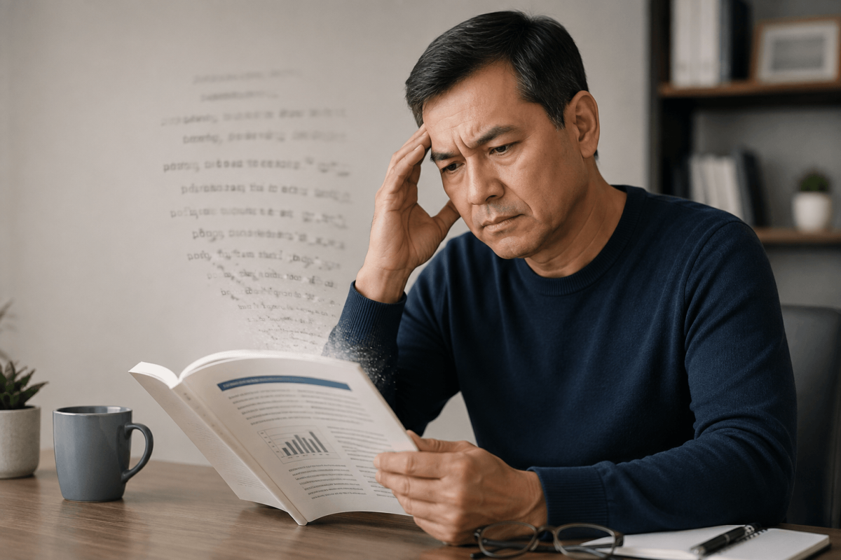 Person rereading a page after struggling to remember what they read