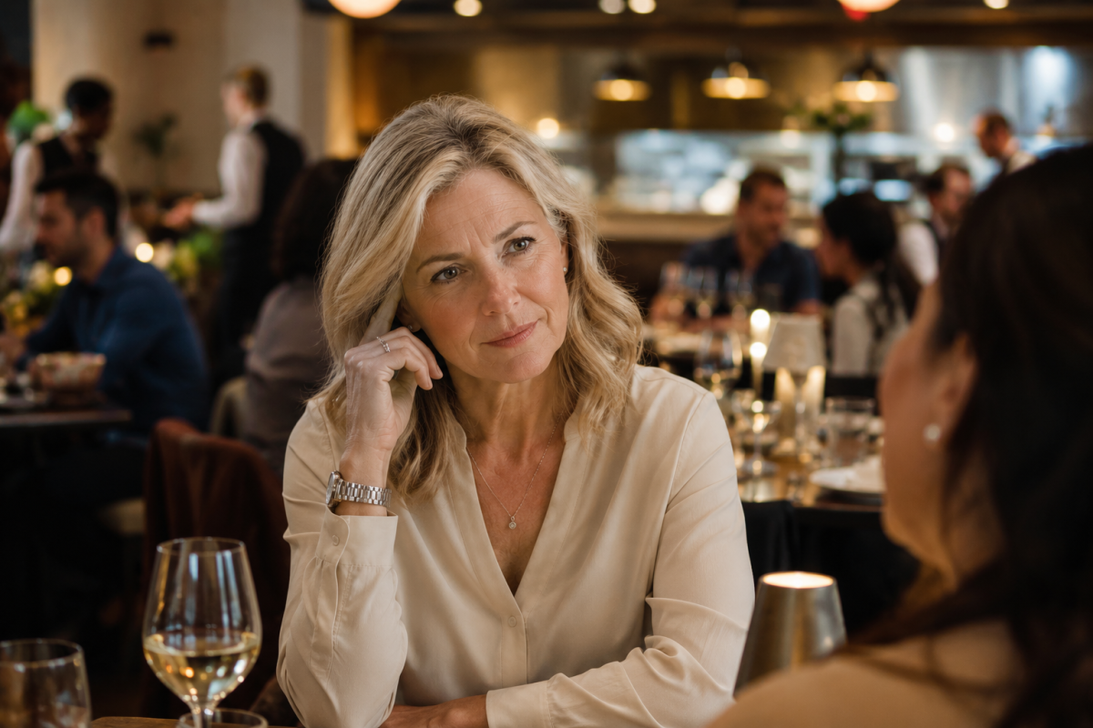 Woman trying to concentrate on a conversation in a noisy restaurant