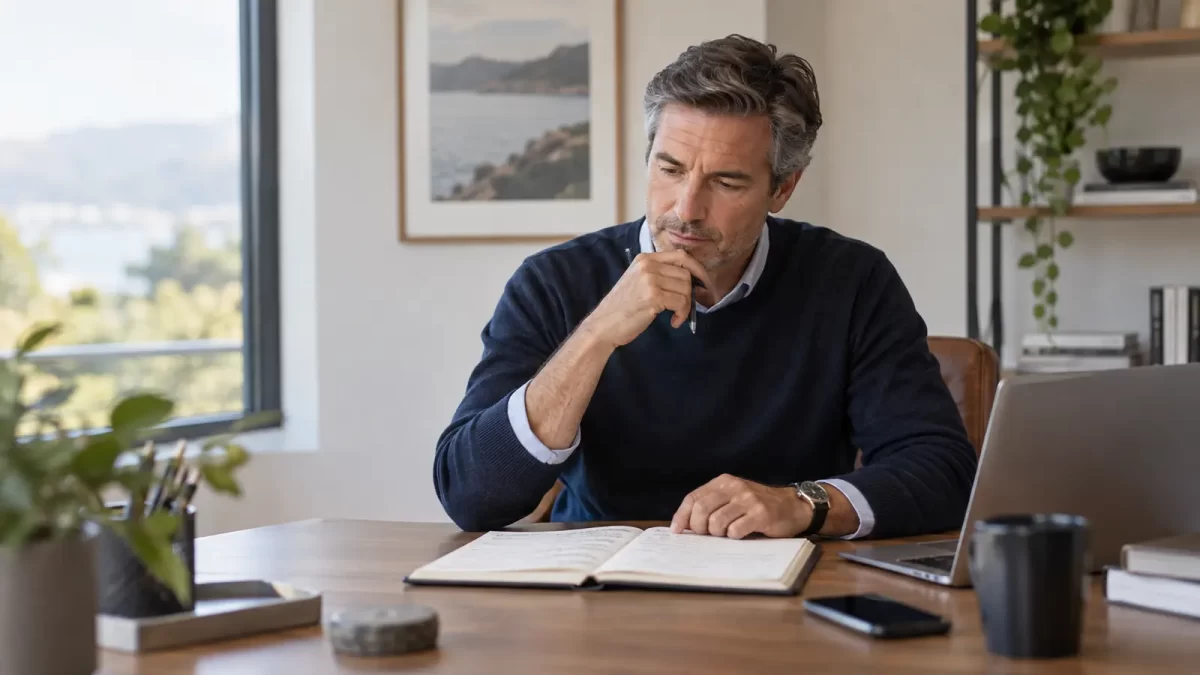 Adult reviewing notes while trying to remember a specific detail from a conversation