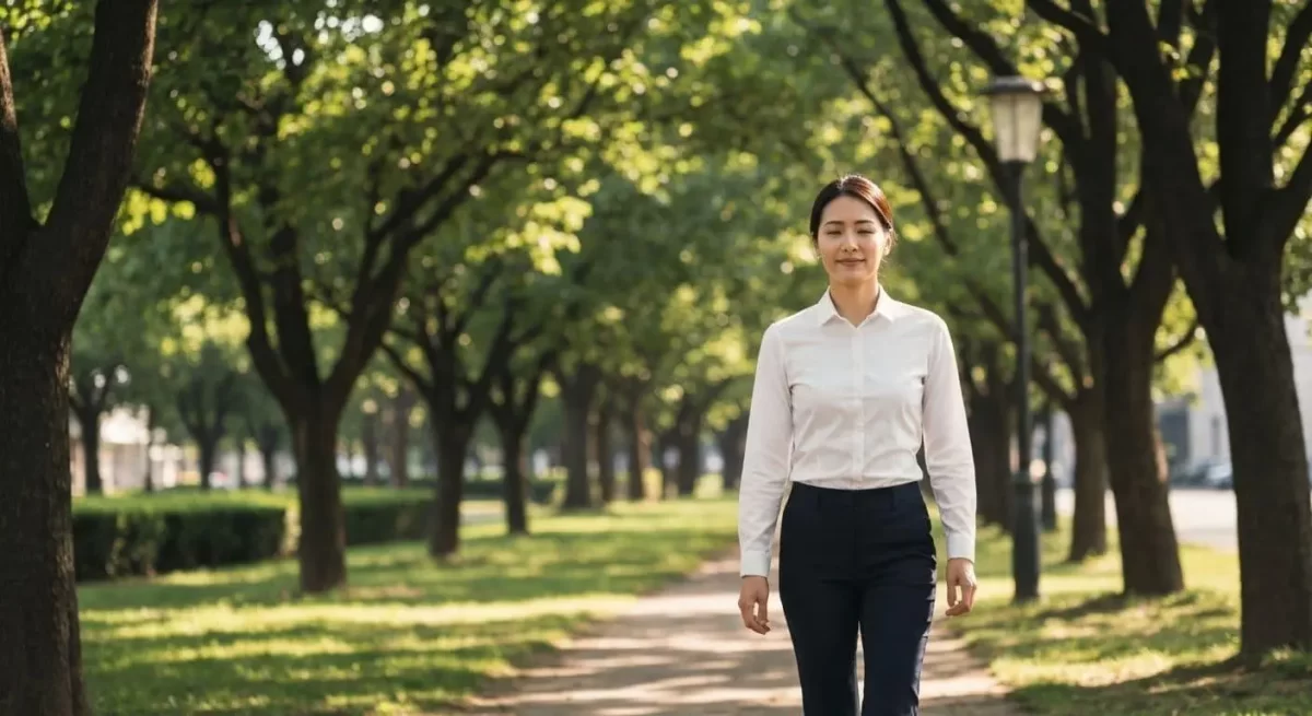 Person enjoying a quiet walking break outdoors.