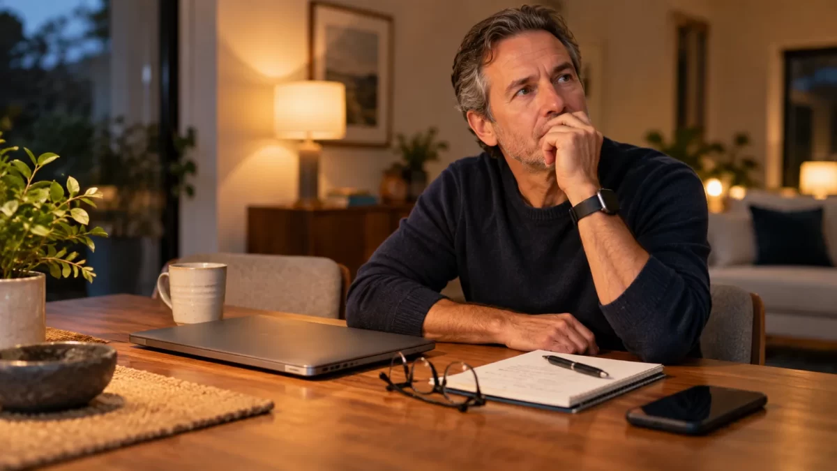 Professional reflecting on an unfinished task after closing their laptop