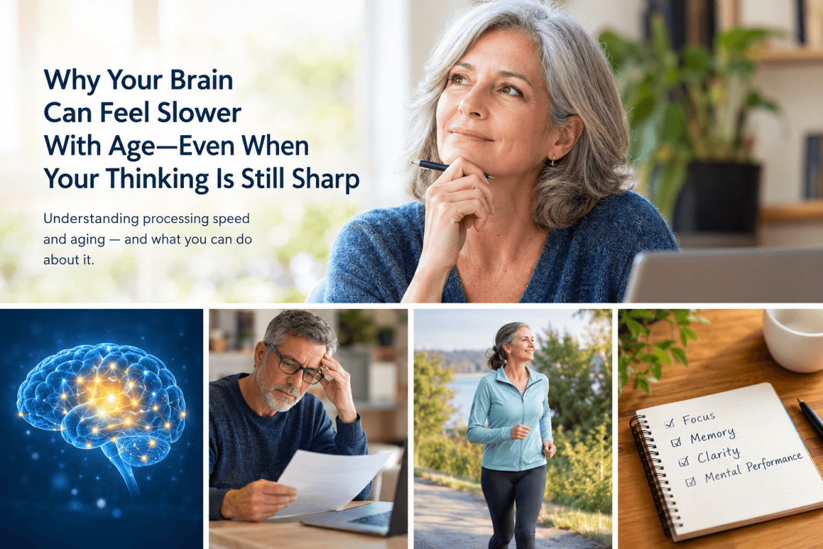 Adult thinking at a desk illustrating processing speed and healthy cognitive aging