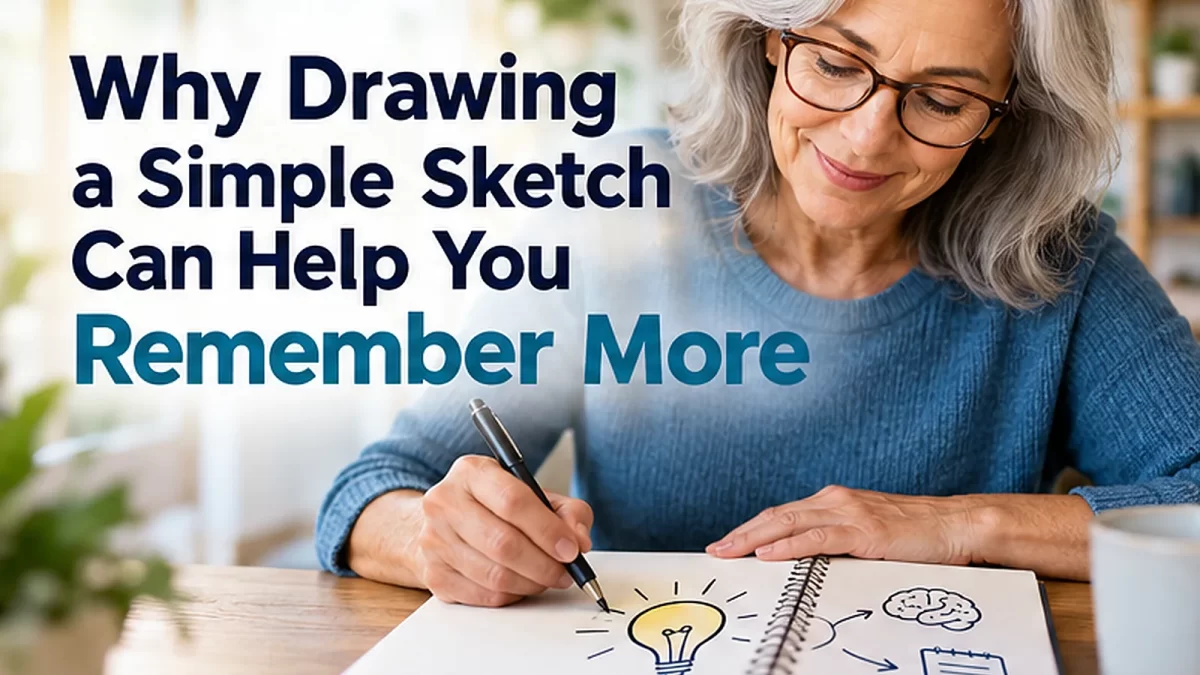 Adult drawing simple visual reminders in a notebook to help remember information