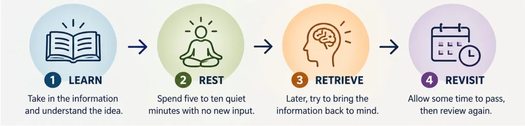 our-step memory strategy showing Learn, Rest, Retrieve, and Revisit.