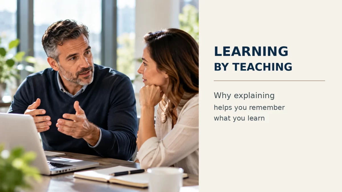 Professional explaining a new concept to a colleague as an example of learning by teaching.
