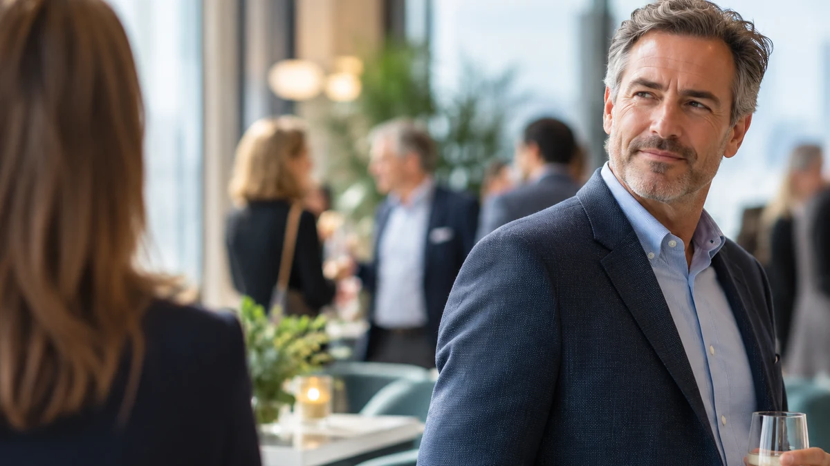 Middle-aged man looking across a busy professional networking event