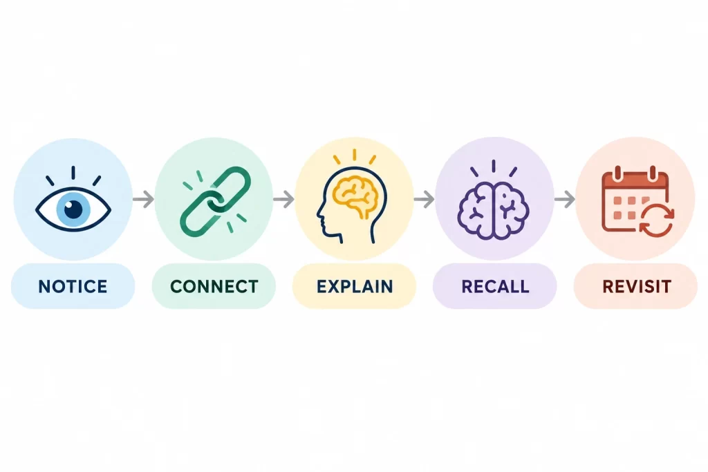 Notice Connect Explain Recall Revisit method for remembering new information