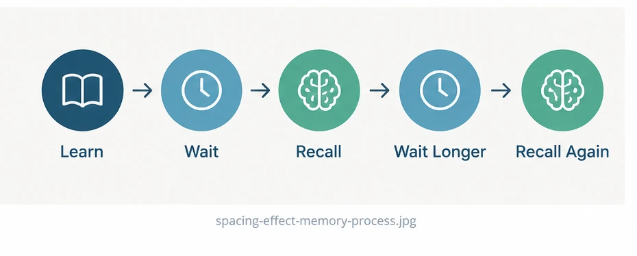 Spacing effect process showing learning and recall separated by time