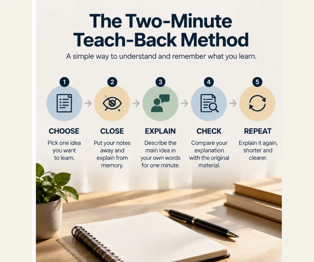 Five-step teach-back method for learning: choose, close notes, explain, check, and repeat.